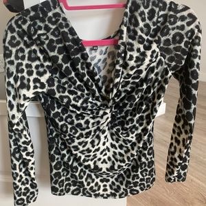 Women's Black Leopard Print Tops Sexy V Neck Soft Knot Twist Shirt Off The Shou